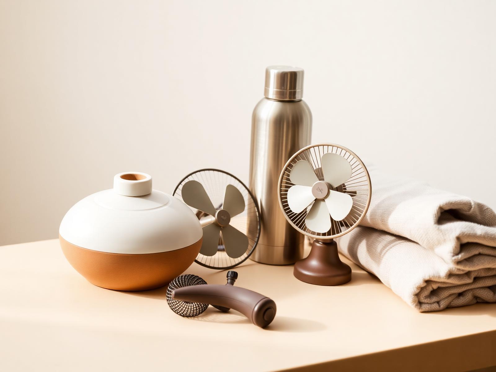 Still life of everyday essentials on a warm cream surface